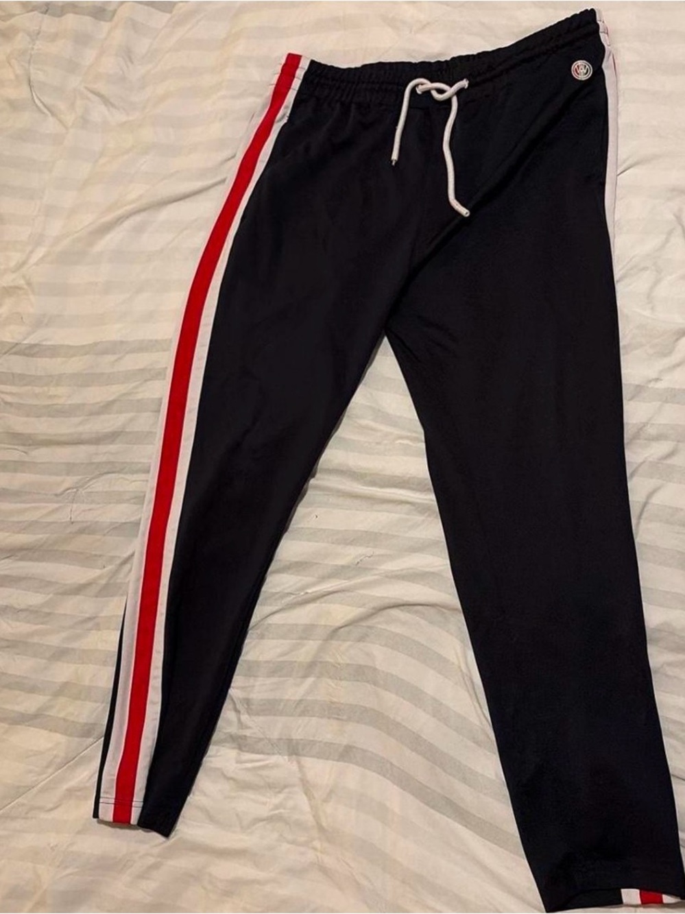 Kids Black Track Pants with Red & White Side Stripes